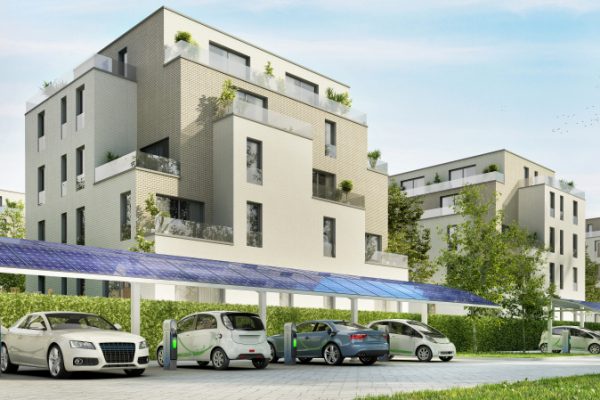 Modern,Parking,For,Electric,Cars,Near,Beautiful,Residential,Buildings.,3d Modern,Parking,For,Electric,Cars,Near,Beautiful,Residential,Buildings.,3d